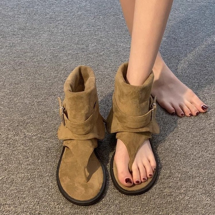 夹趾一脚蹬橡胶绒面革平底凉鞋夏季学生千金鞋子名媛风休闲