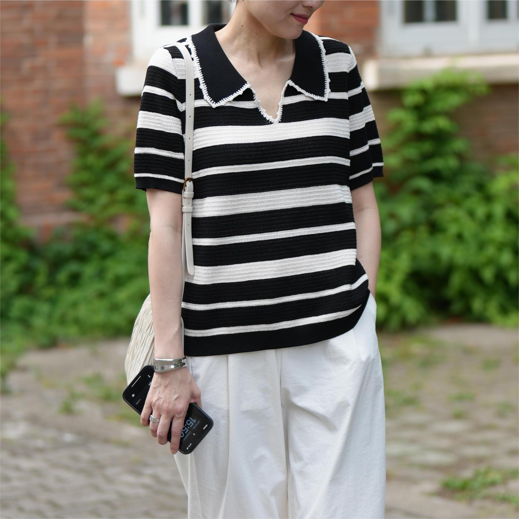 高弹冰丝条纹镂空针织衫