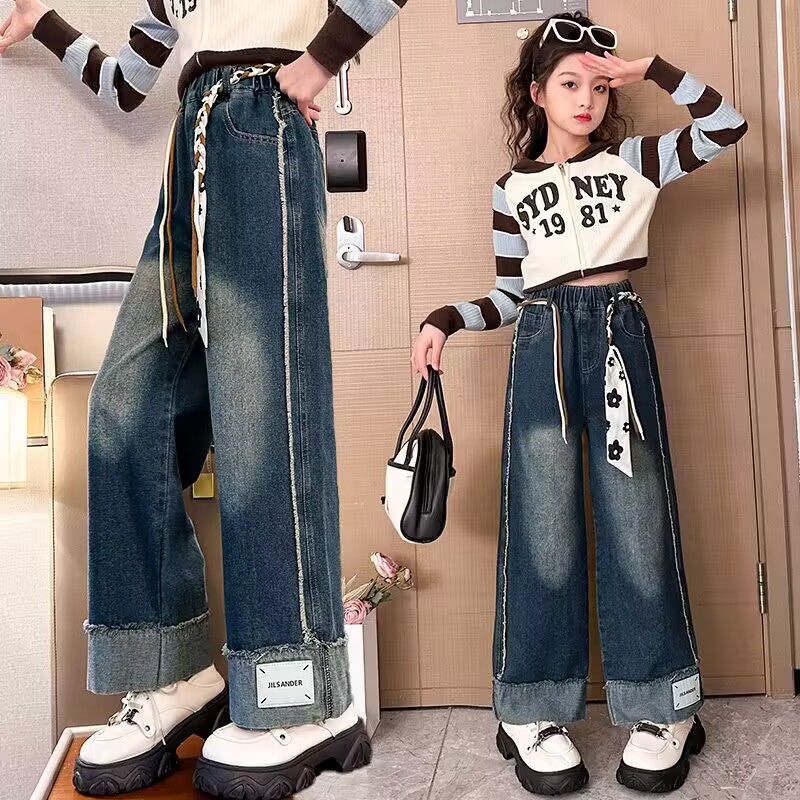 （现货）女童牛仔裤2025春秋款中大童洋气时髦宽松阔腿儿童休闲裤子