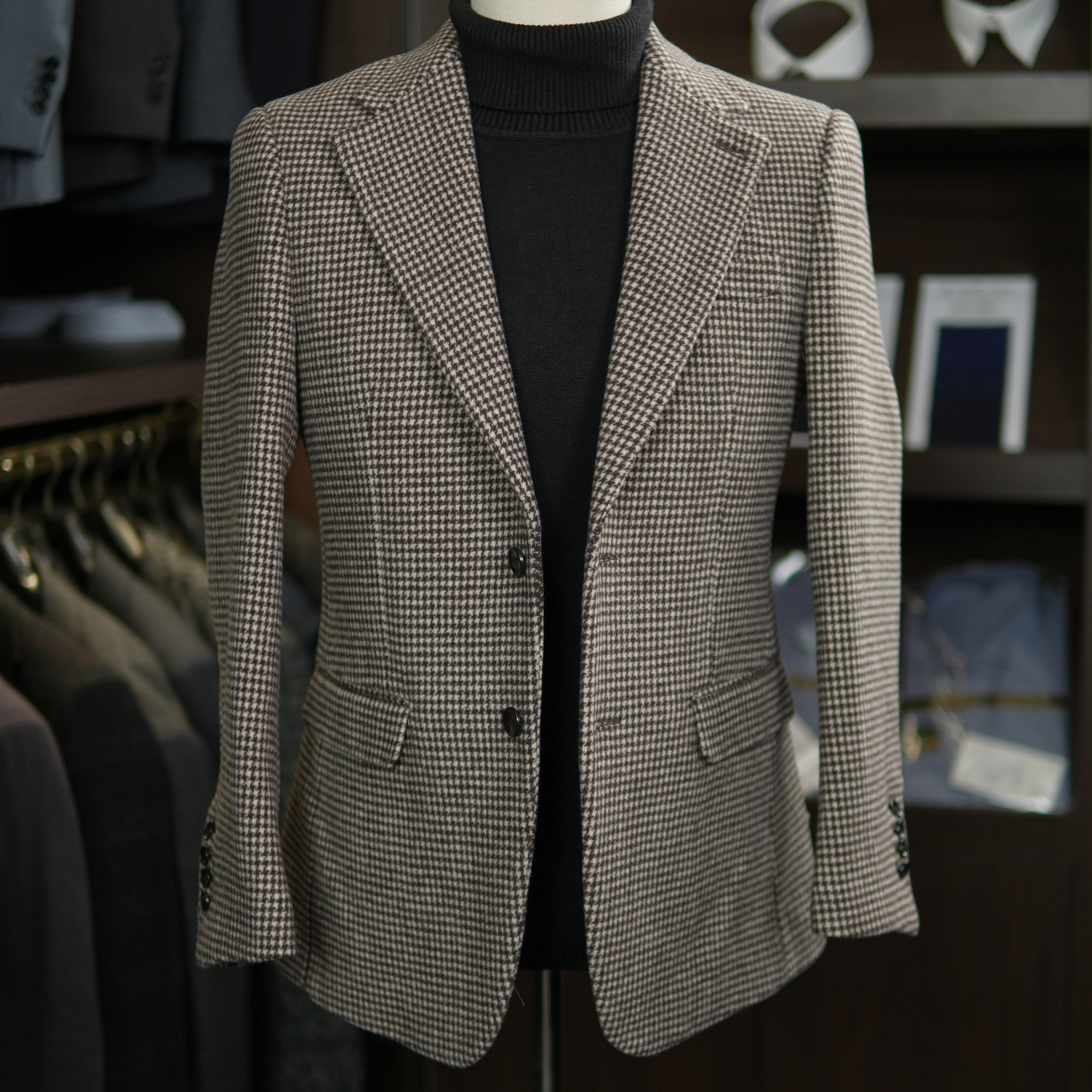 老钱风驼色千鸟格羊毛秋冬时尚修身休闲西服高贵上档次男装外套