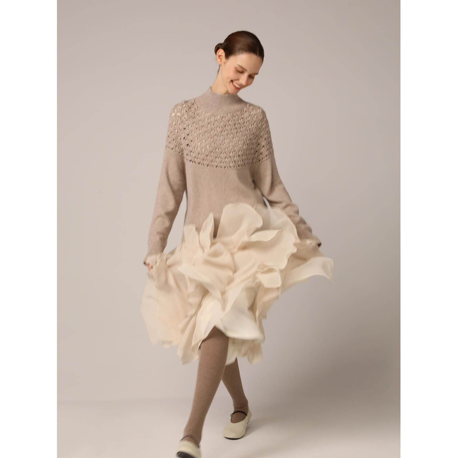 SO 25秋冬羊绒+绵羊毛手工针织钩花高领长袖不规则加绒半身裙