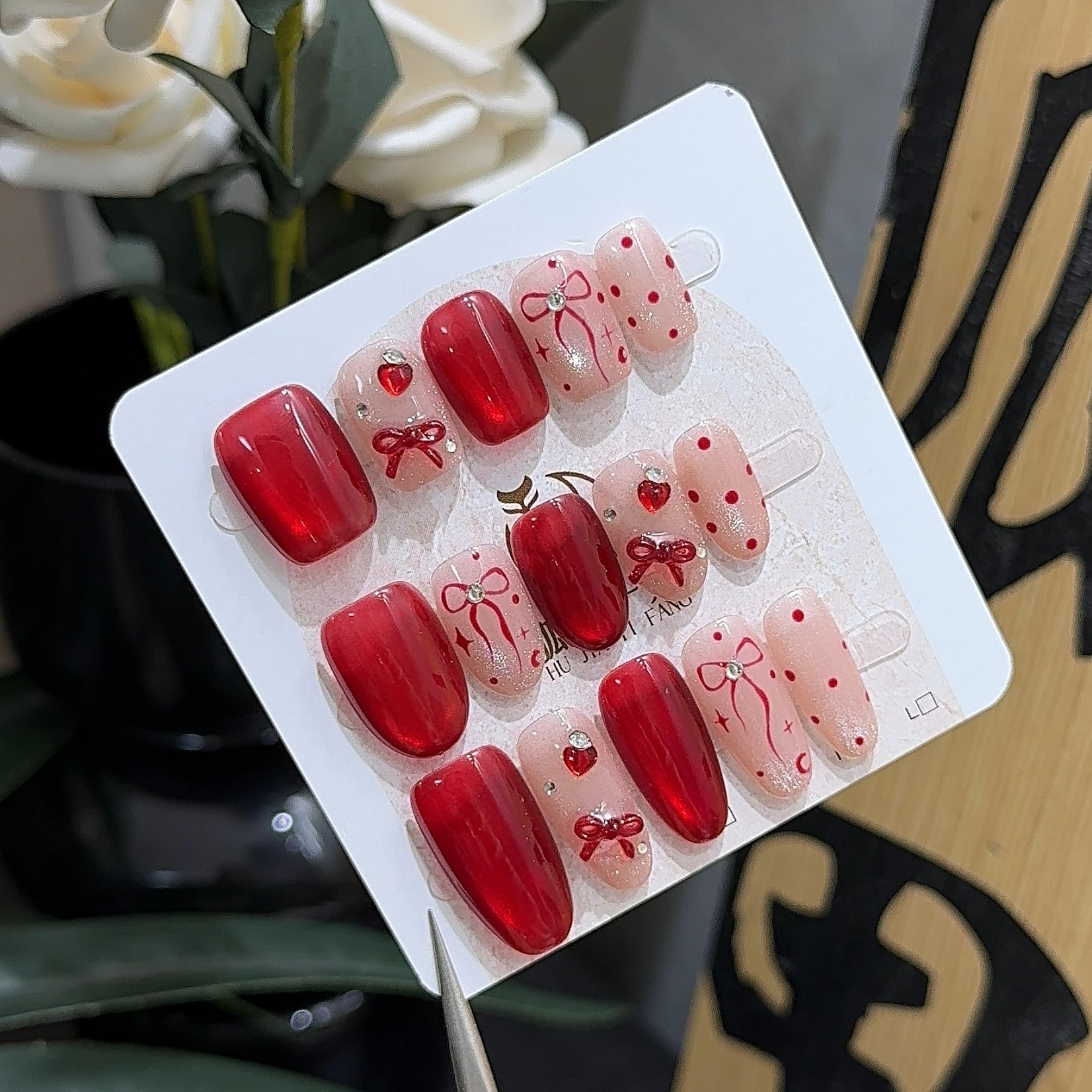 狐甲一方【红心莓果】红色波点蝴蝶结纯手工穿戴甲