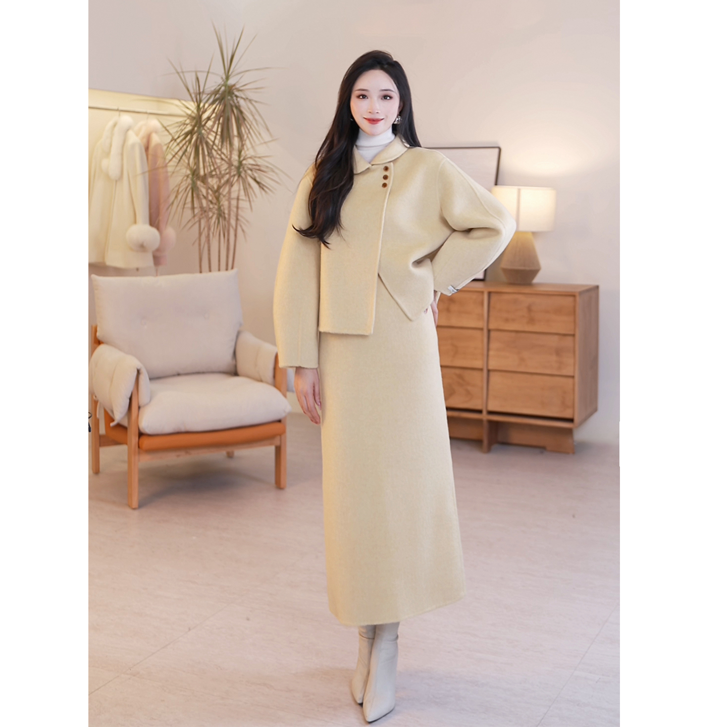 koko&molly韩系娃娃领绵羊毛双面呢大衣直筒半裙套装K25DT850147