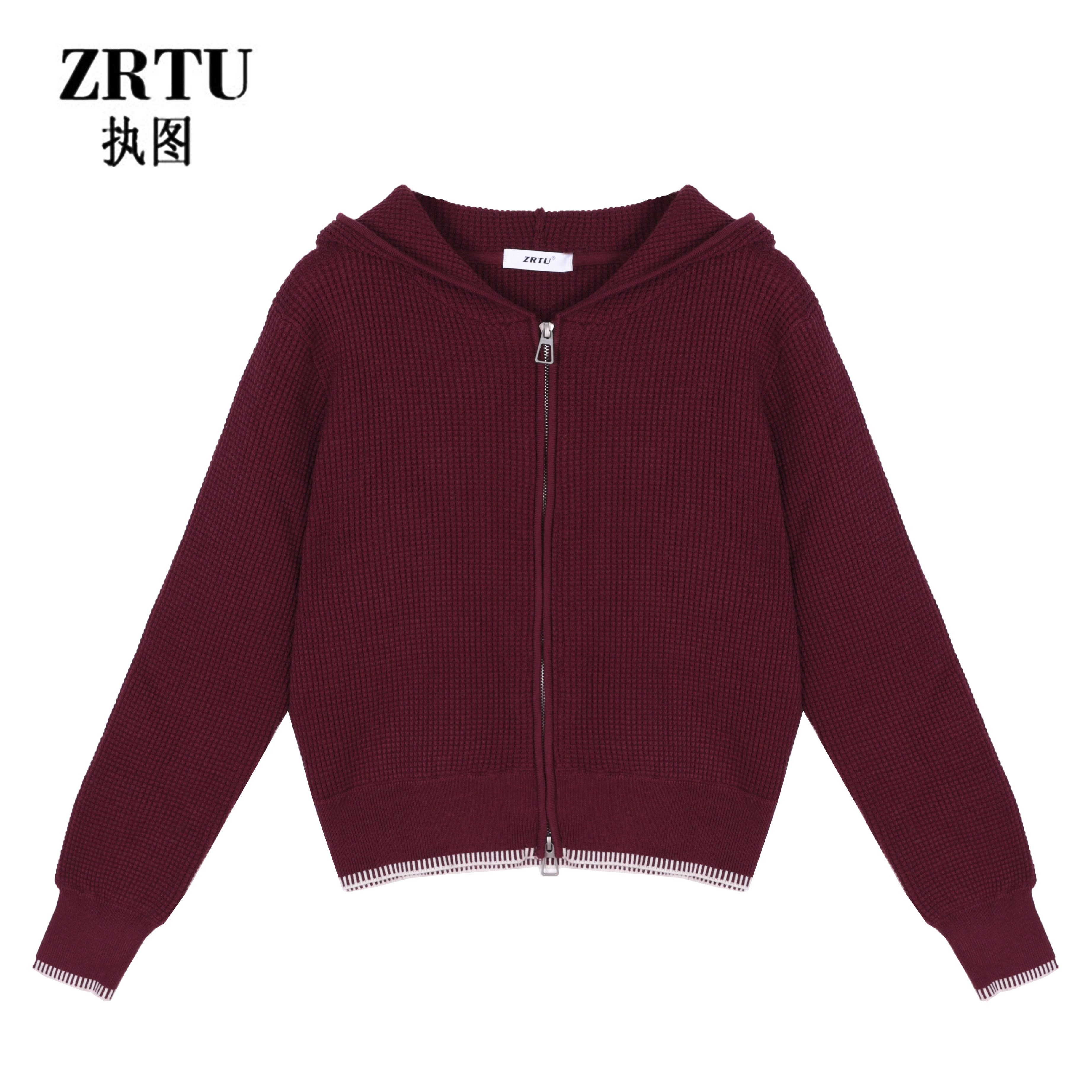 ZRTU/执图（自播）休闲简约百搭连帽双拉链毛针织衫上衣女开衫