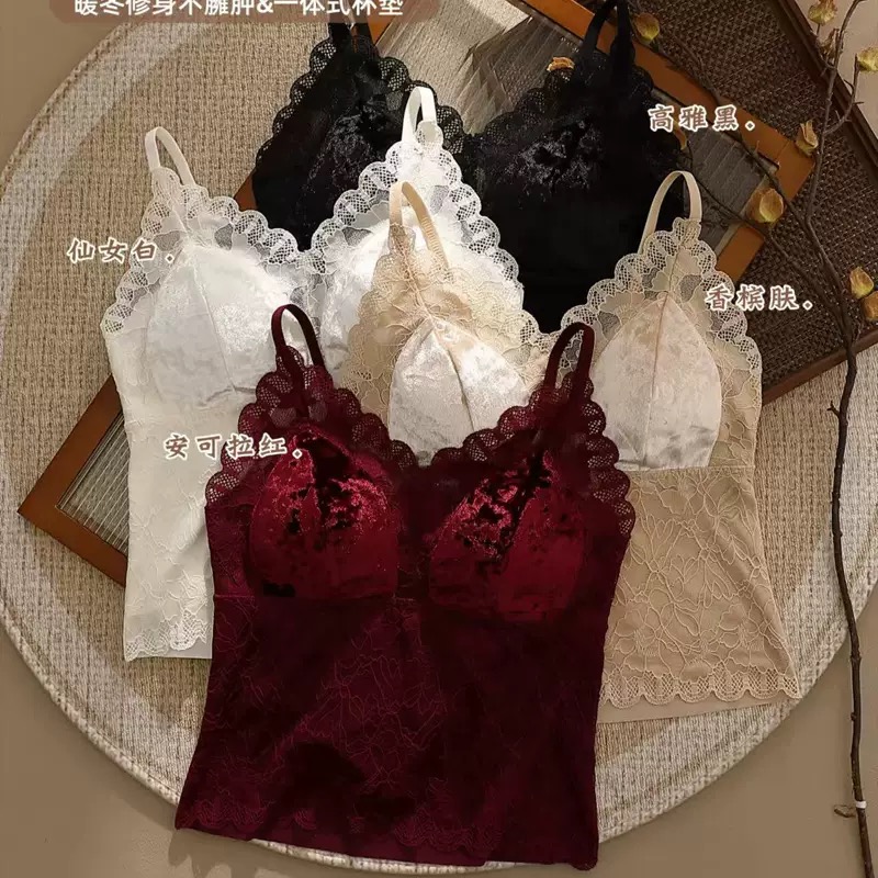 金丝绒磨毛吊带背心带胸垫网红性感蕾丝美背内衣文胸一体女士