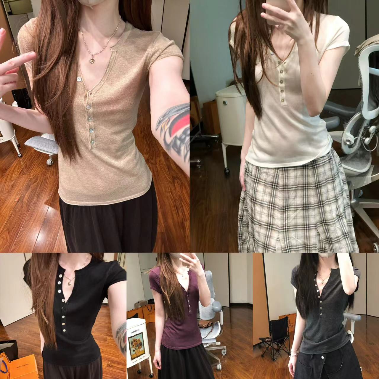 新【含羊毛区别亨利领】松弛慵懒显瘦卷边袖t恤短袖百搭上衣E601