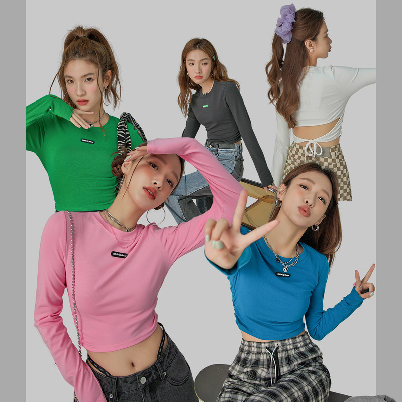 【陈嘉尔专属】CHUU露背长袖上衣女辣妹别致正肩短款T恤-Q