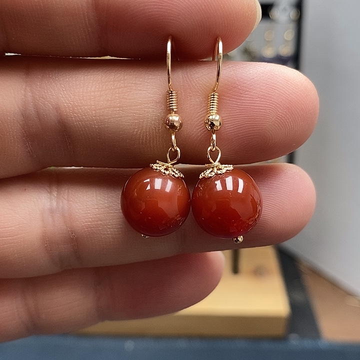 南红玛瑙银S925镀金镶嵌耳饰尺寸12mm