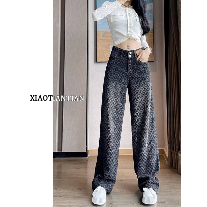 【4352】【低价现货】提花黑色直筒牛仔裤女秋大码胖妹宽松高腰垂感裤