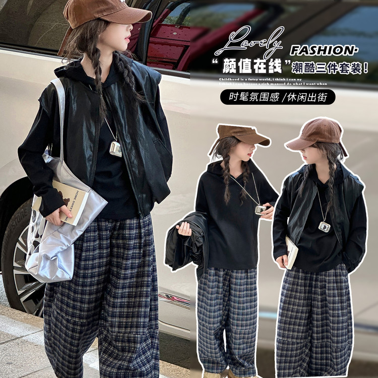 2025中大童女春秋格子工装风套头秋季套装上衣百搭氛围感女童