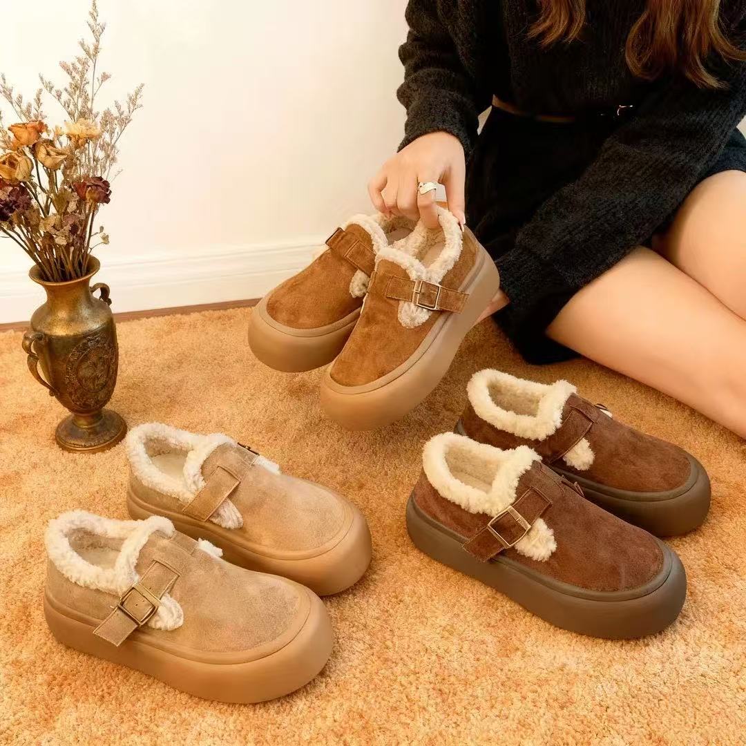 厚底博肯鞋女2025秋冬新款加绒保暖全包雪地棉鞋一脚蹬乐福毛毛鞋