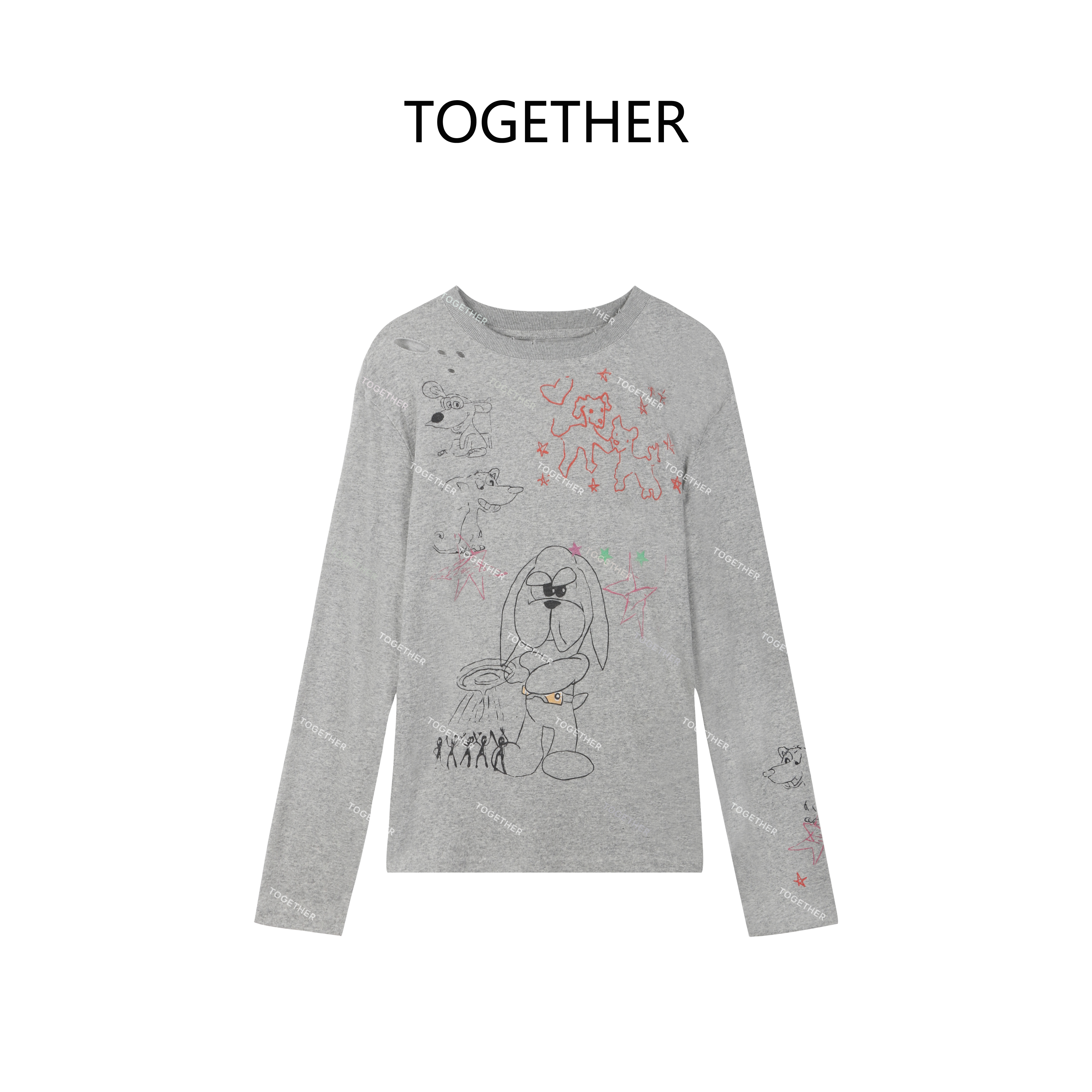 【TOGETHER】· 线条狗 ·秋季圆领动漫印花破洞百搭长袖T恤上衣W9380