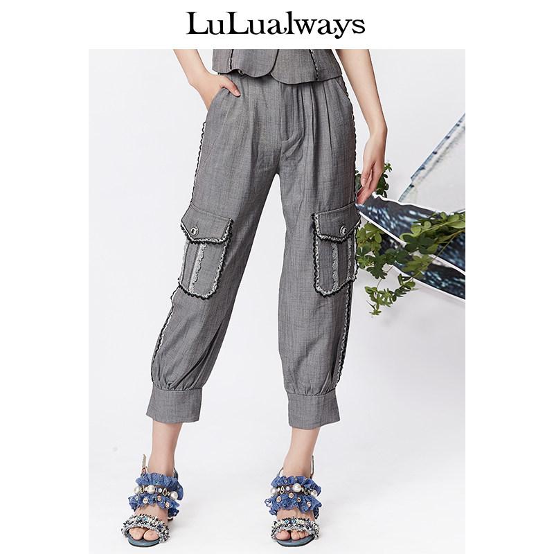 LULUALWAYS复古蕾丝口袋灯笼长裤