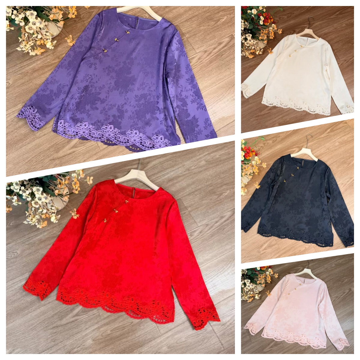 【花边】2026新春早新品圆领提花镂空刺绣长袖T恤打底衬衫喜庆上衣