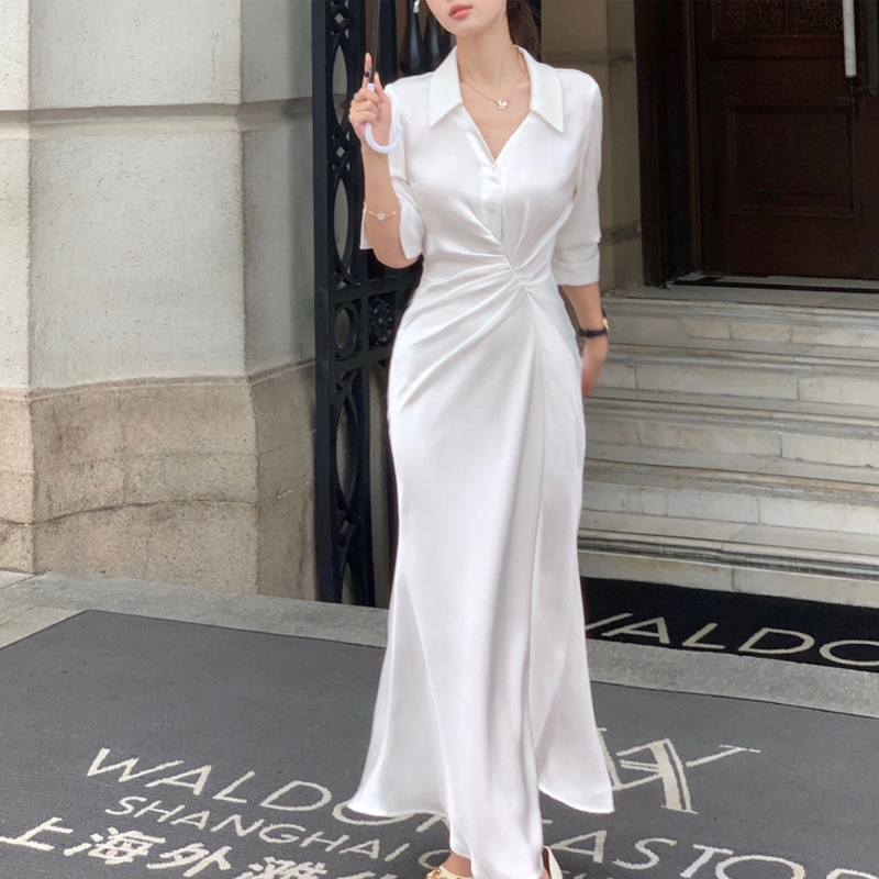 v领衬衫连衣裙气质女褶皱收腰显瘦气质白色法式缎面鱼尾裙