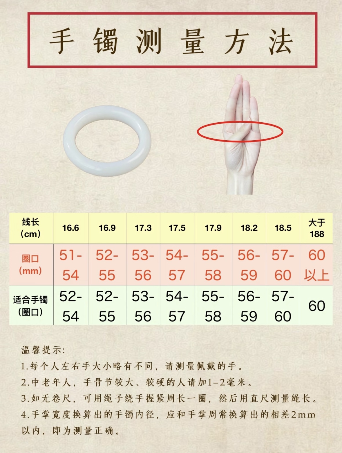 天然玛瑙手镯（圈口测量对照表）