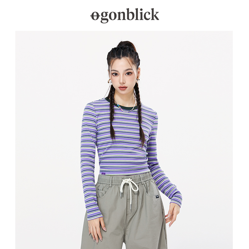 北欧时刻圆领条纹针织打底衫女春秋长袖t恤修身显瘦辣妹美式上衣