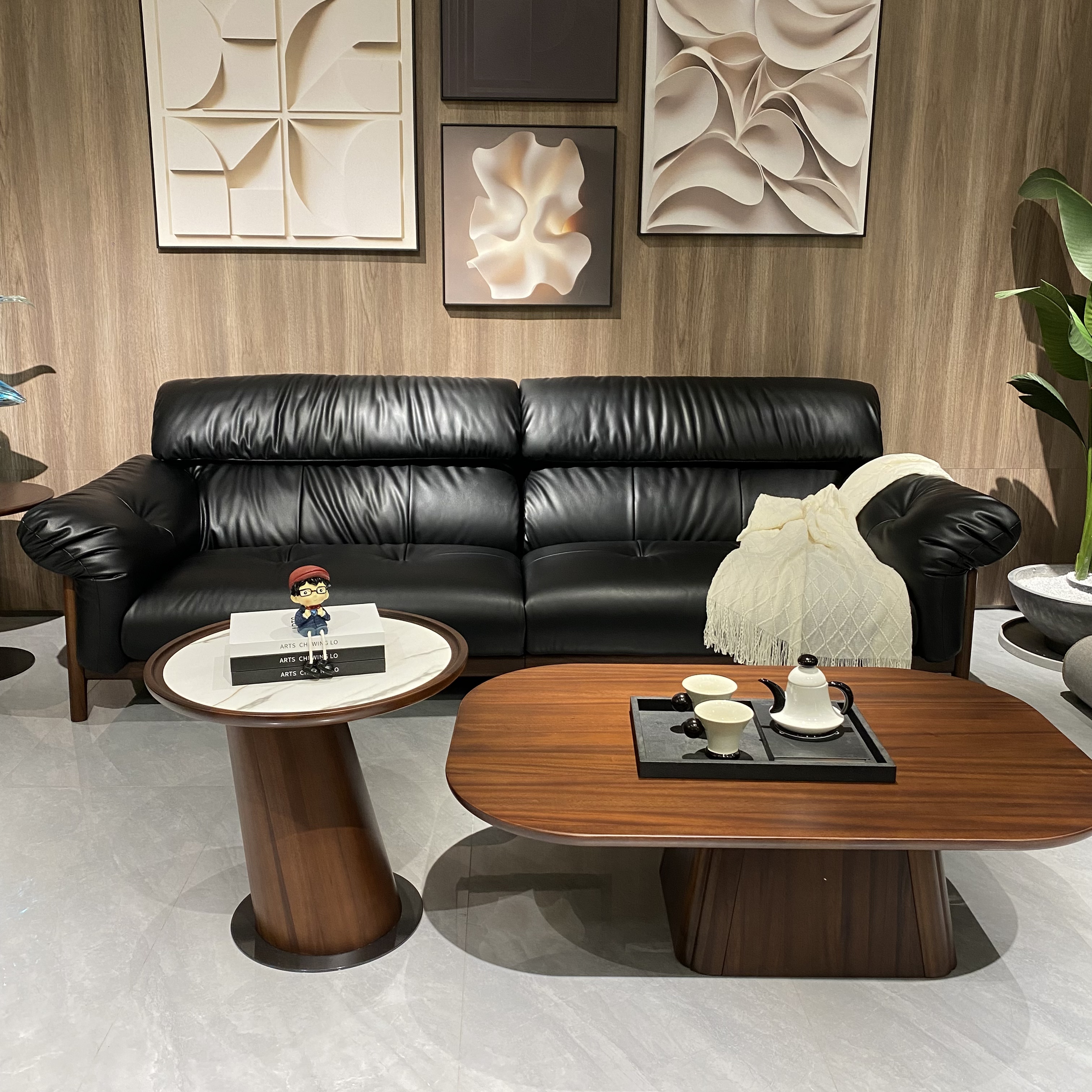 LA8112#实木直排沙发胡桃木沙发真皮胡桃木客厅轻中古2.8米直排