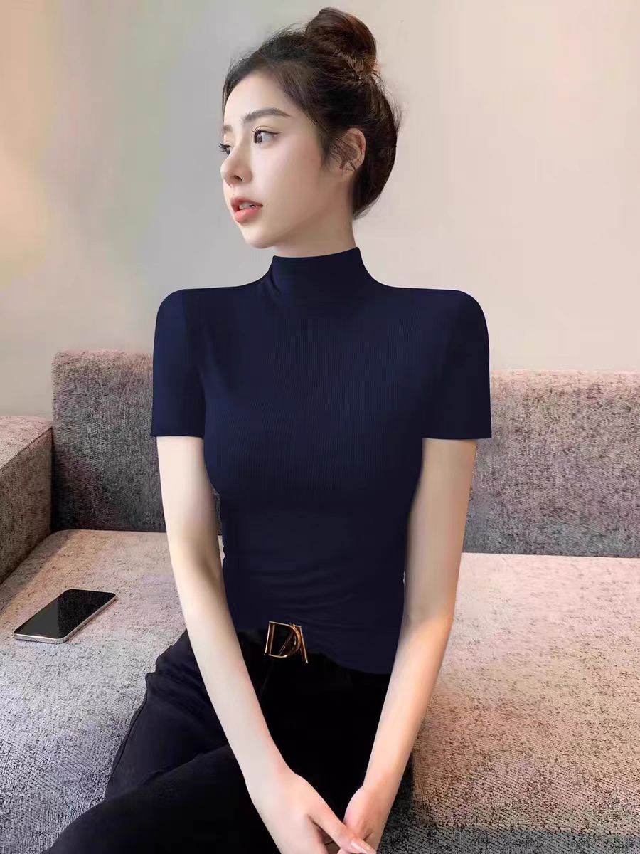 女半高领百搭秋冬T恤时尚红色半高领女士恤衫半袖