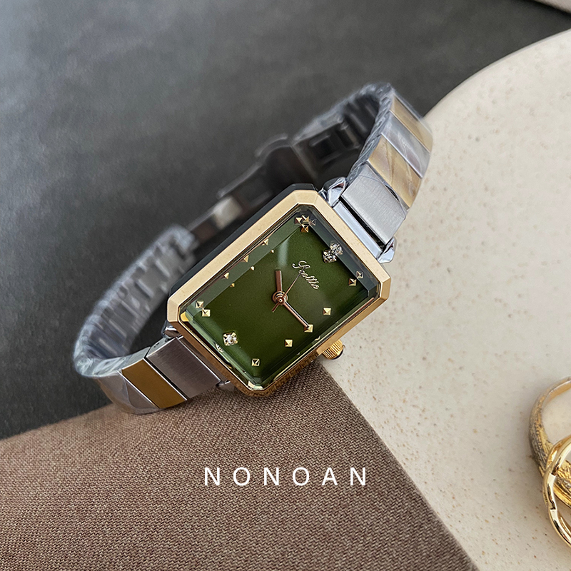 NONOAN 高级感小众简约ins风百搭钢带绿色表盘手表女学生石英腕表