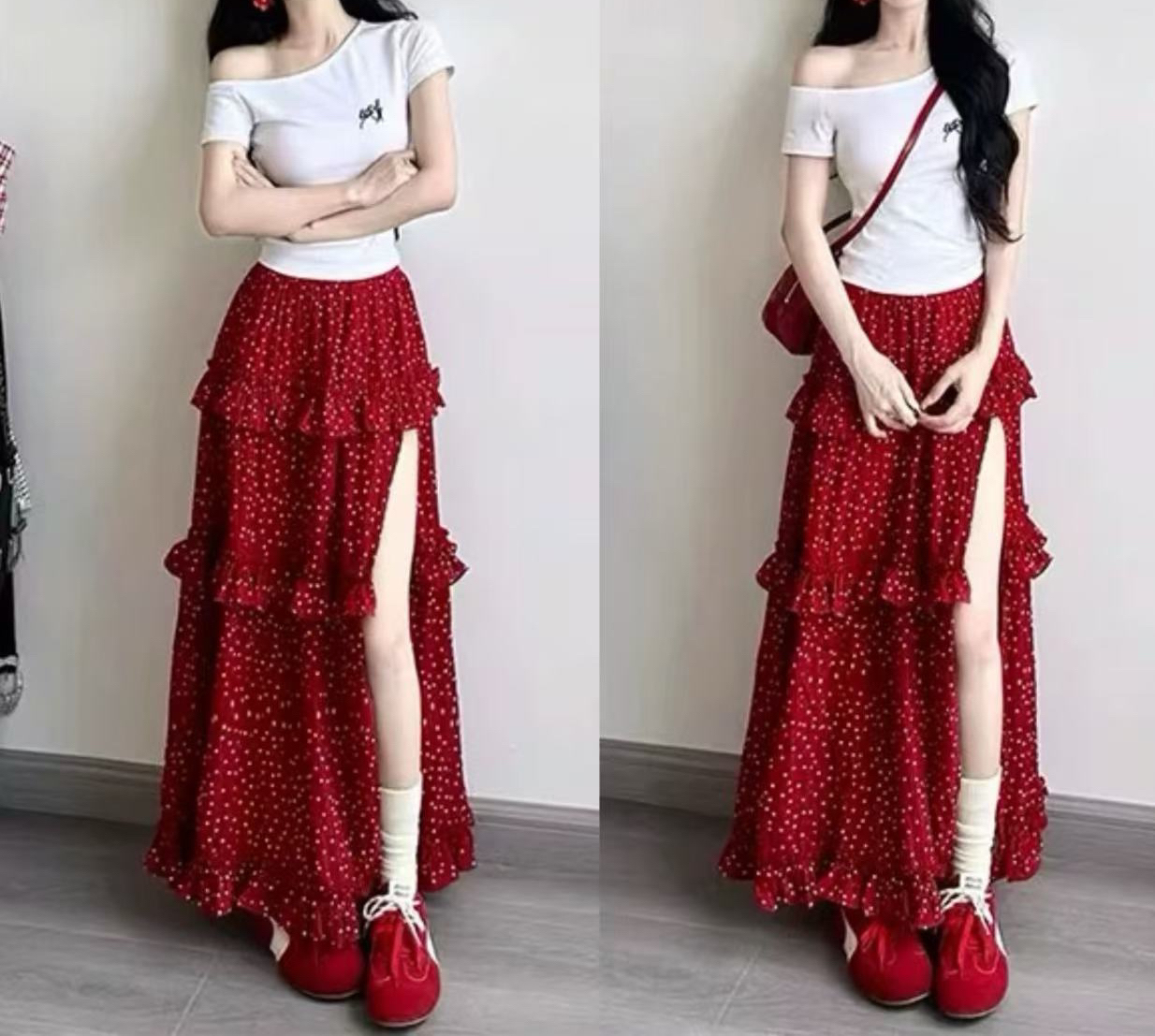 2025夏露肩短袖上衣法式红色波点不规则开衩半身裙两件套装