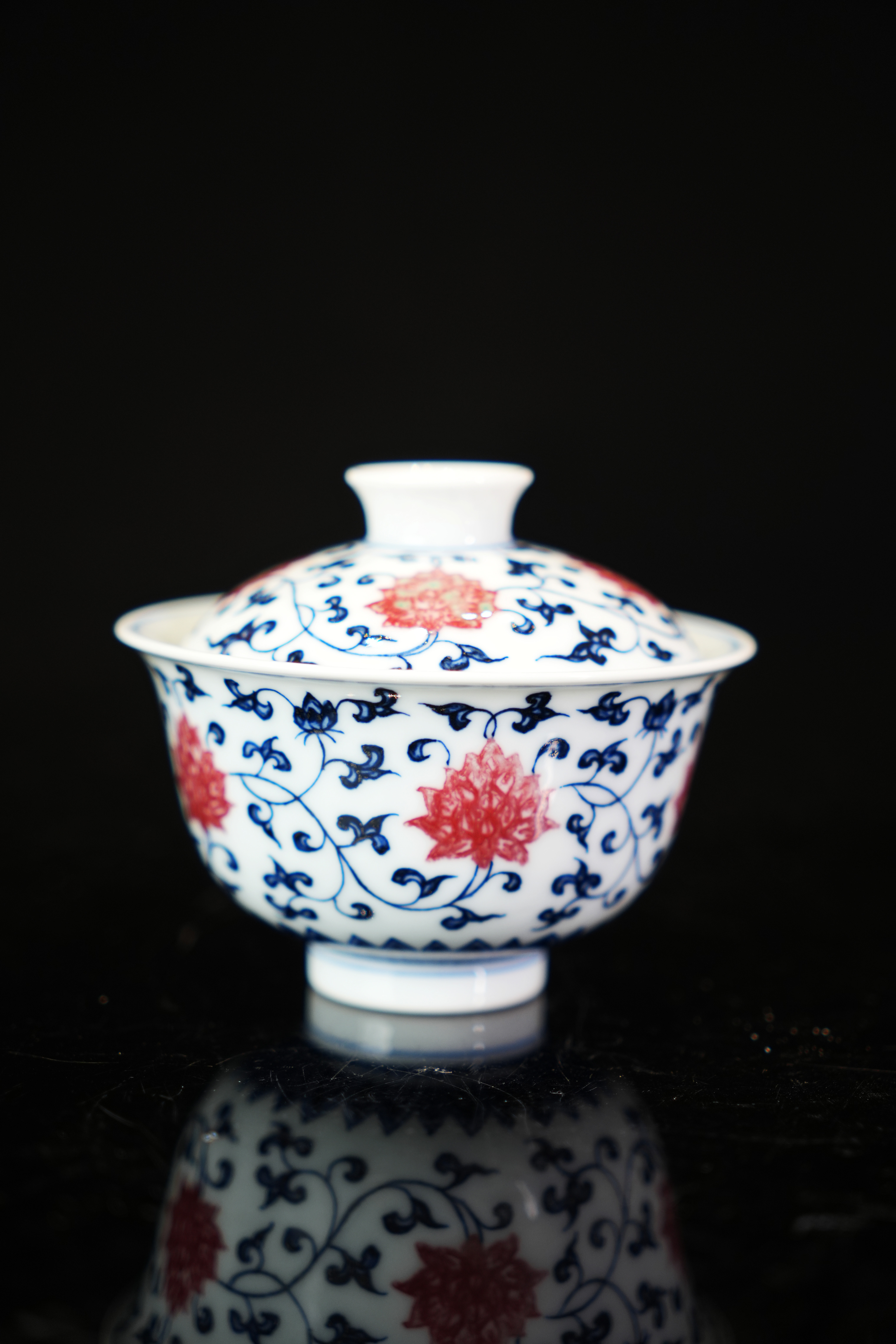 阳春白雪青花釉里红缠枝莲元宝盖碗钟家窑陶瓷茶具小盖碗青花瓷