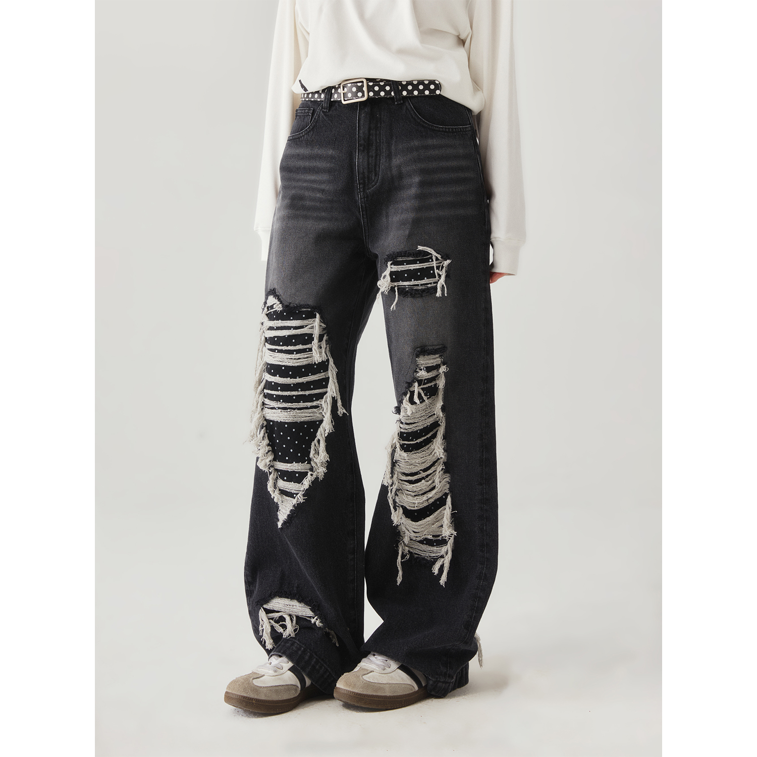 “白洞”| eeee复古做旧破坏拉苏牛仔裤波点贴布直筒休闲长裤
