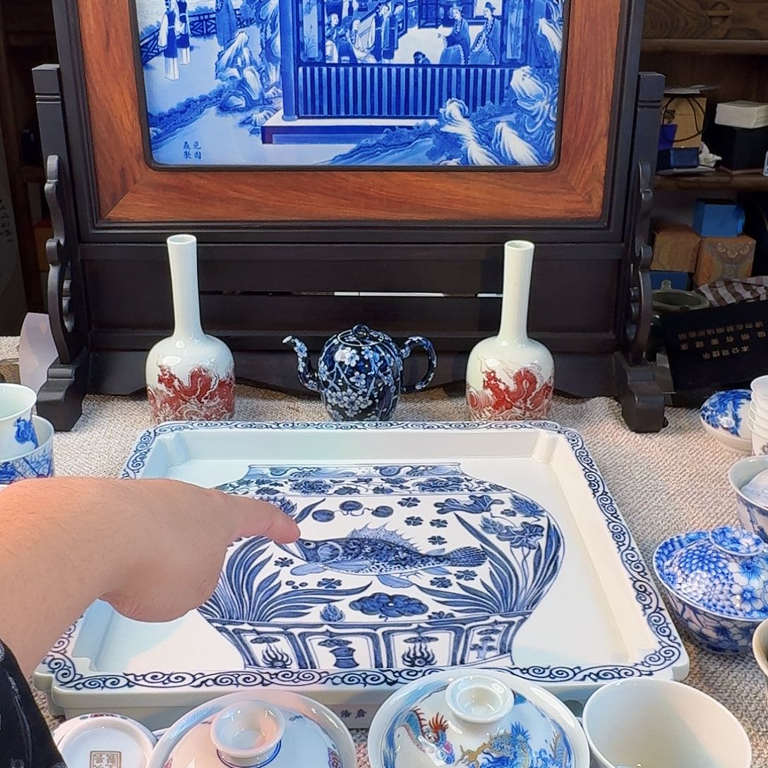 小***仑鱼藻纹干湿两用茶盘，纯手绘
