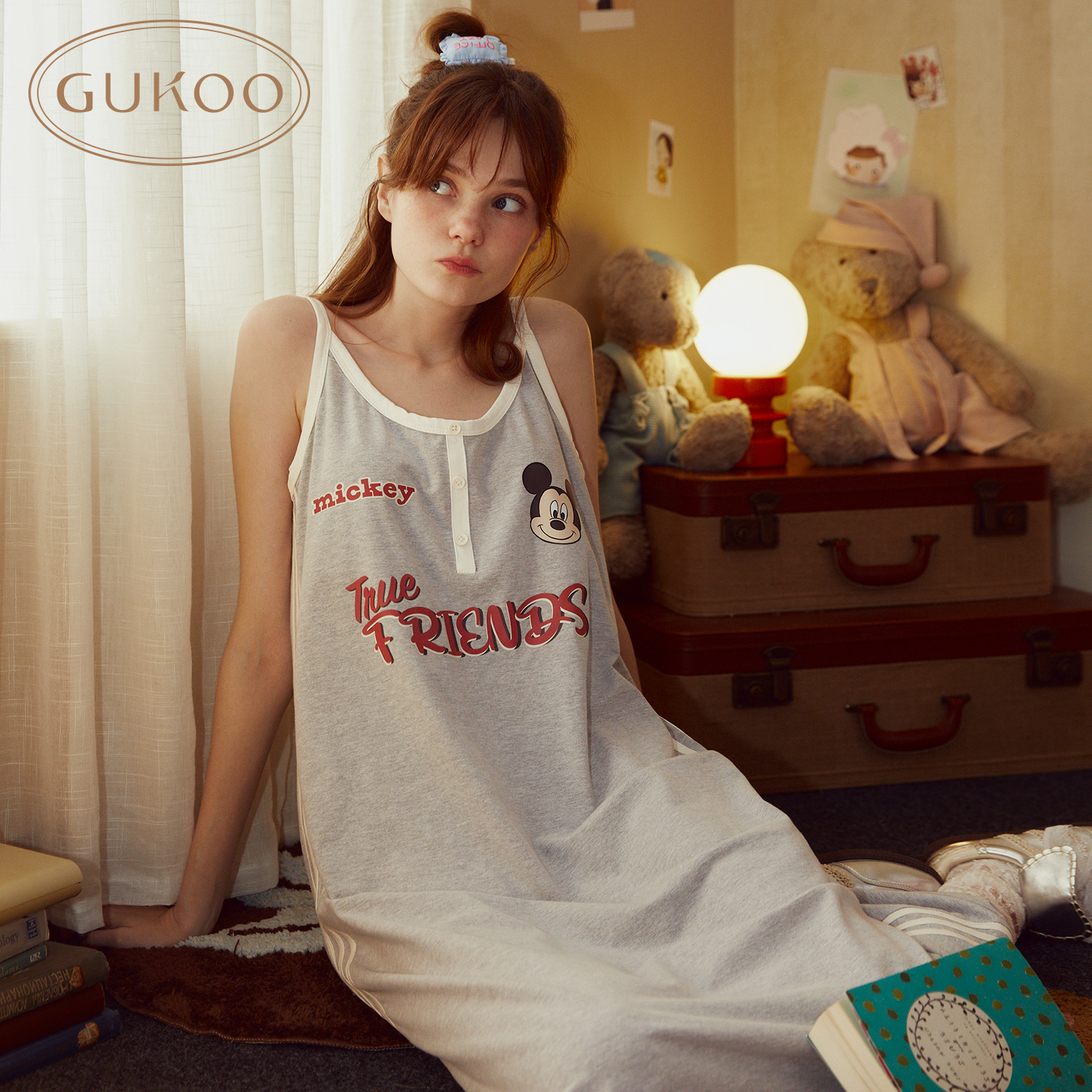 Gukoo/果壳夏季迪士尼米奇睡裙纯棉吊带背心裙灰色黑色女运动风