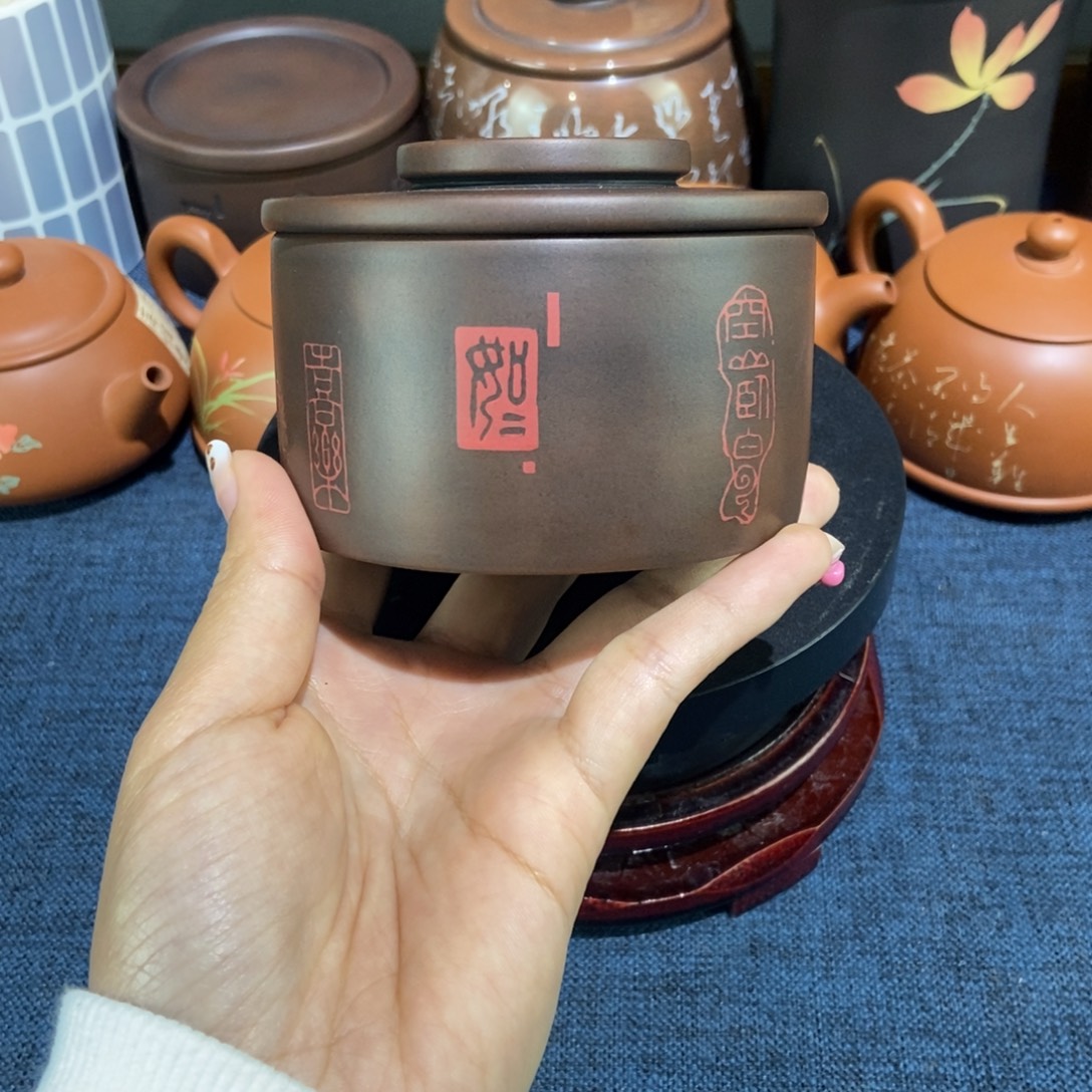 1建水紫陶手工彩填醒茶罐