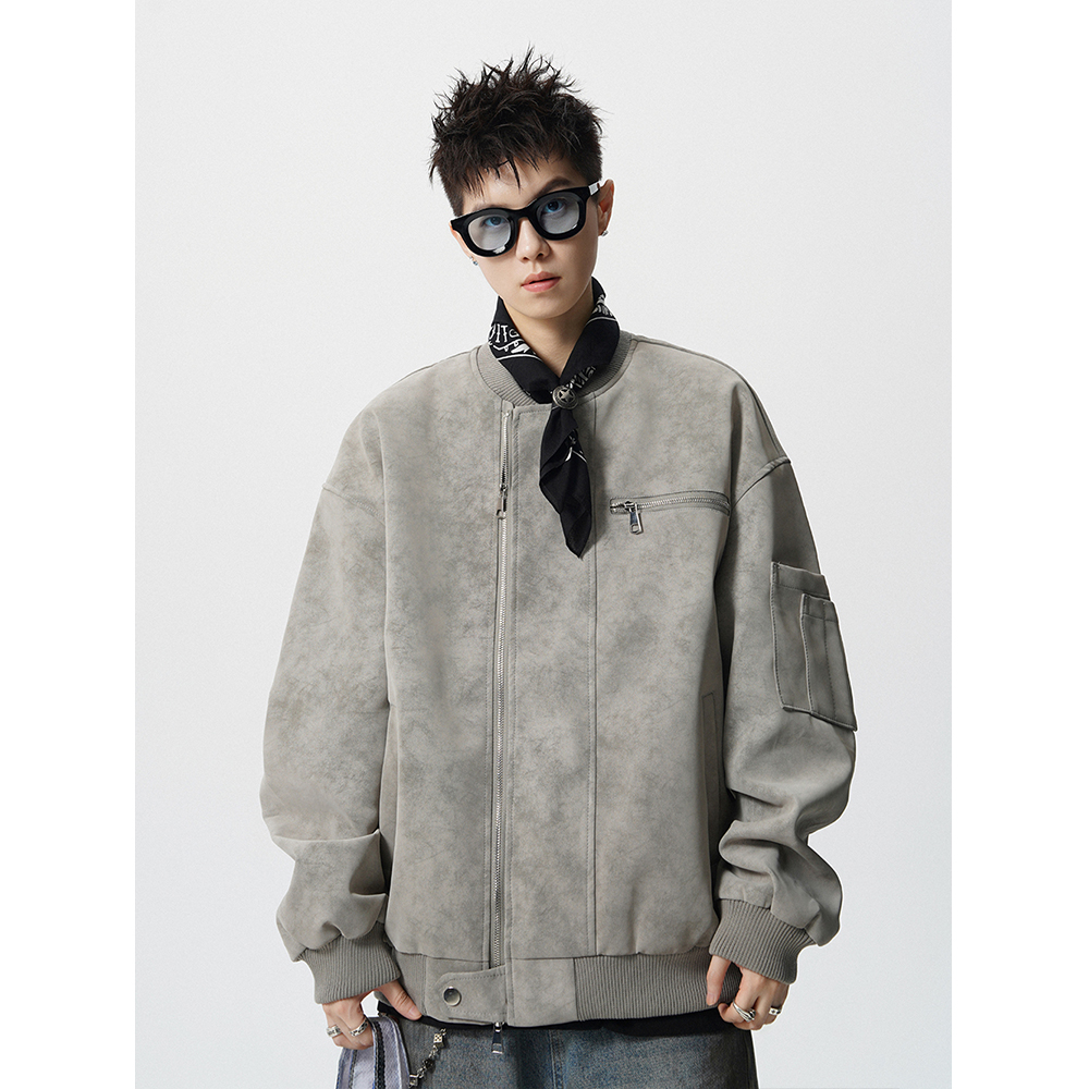秋冬美式vintage棒球服男高街痞帅扎染皮夹克设计感工装宽松外套