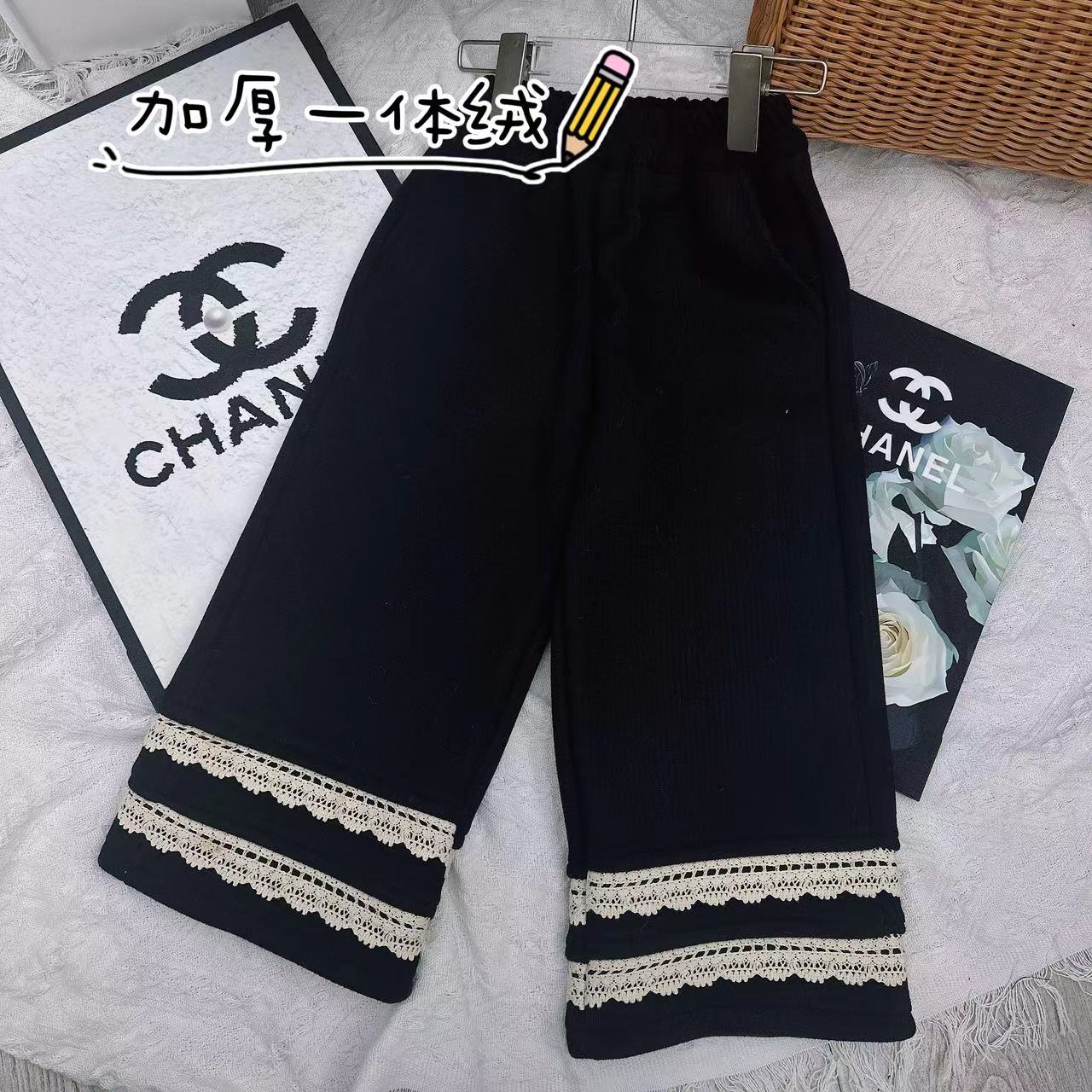 秋冬加绒花边阔腿女童时尚可爱休闲裤