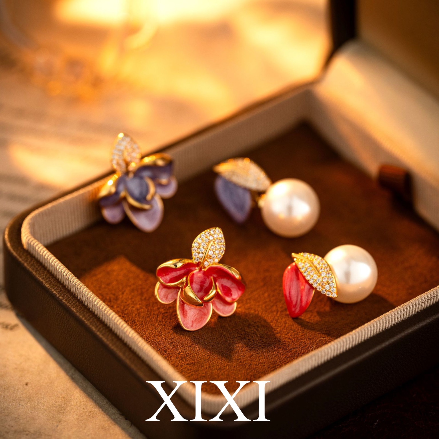 铜合金珐琅耳饰 XIXI 滴釉珍珠耳钉珐琅彩轻奢高级感树叶