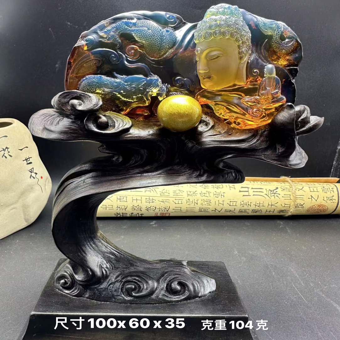 缅甸天然琥珀大师工蓝血原皮雕刻件神龙护主摆件（唐永鼎亲工）