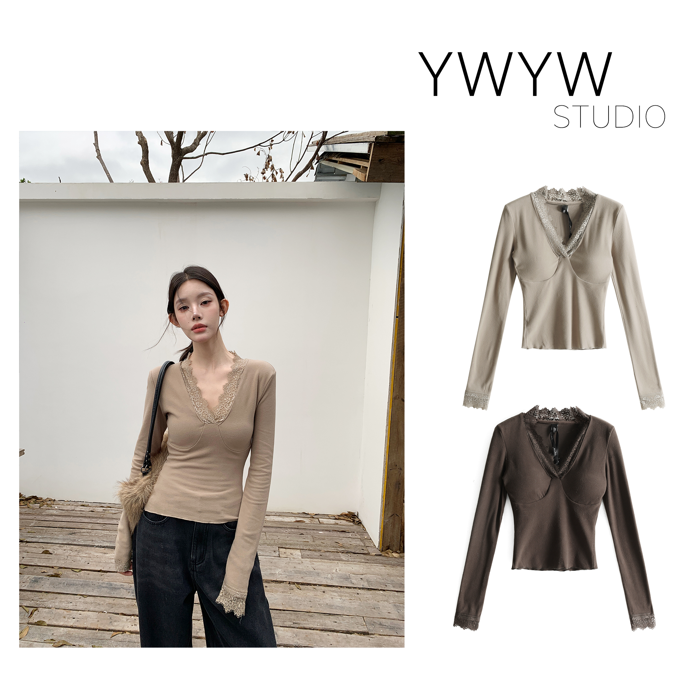 【YWYW25F/W】秋冬夹绒保暖蕾丝拼接V领修身打底衫5919