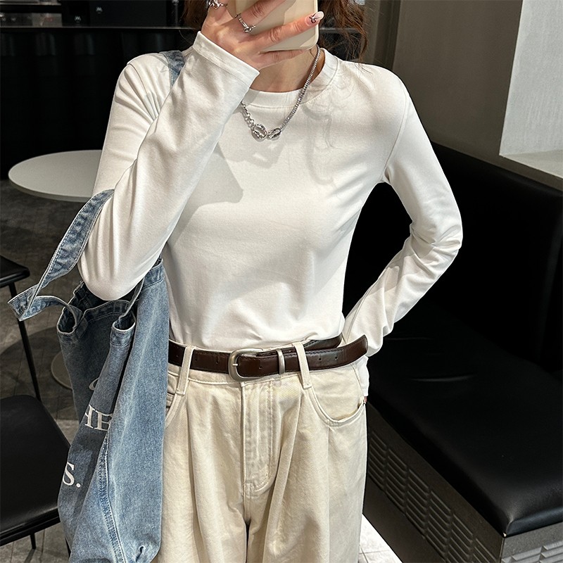 圆领打底衫女春秋冬高级感白色内搭长袖T恤女新款正肩小个子上衣