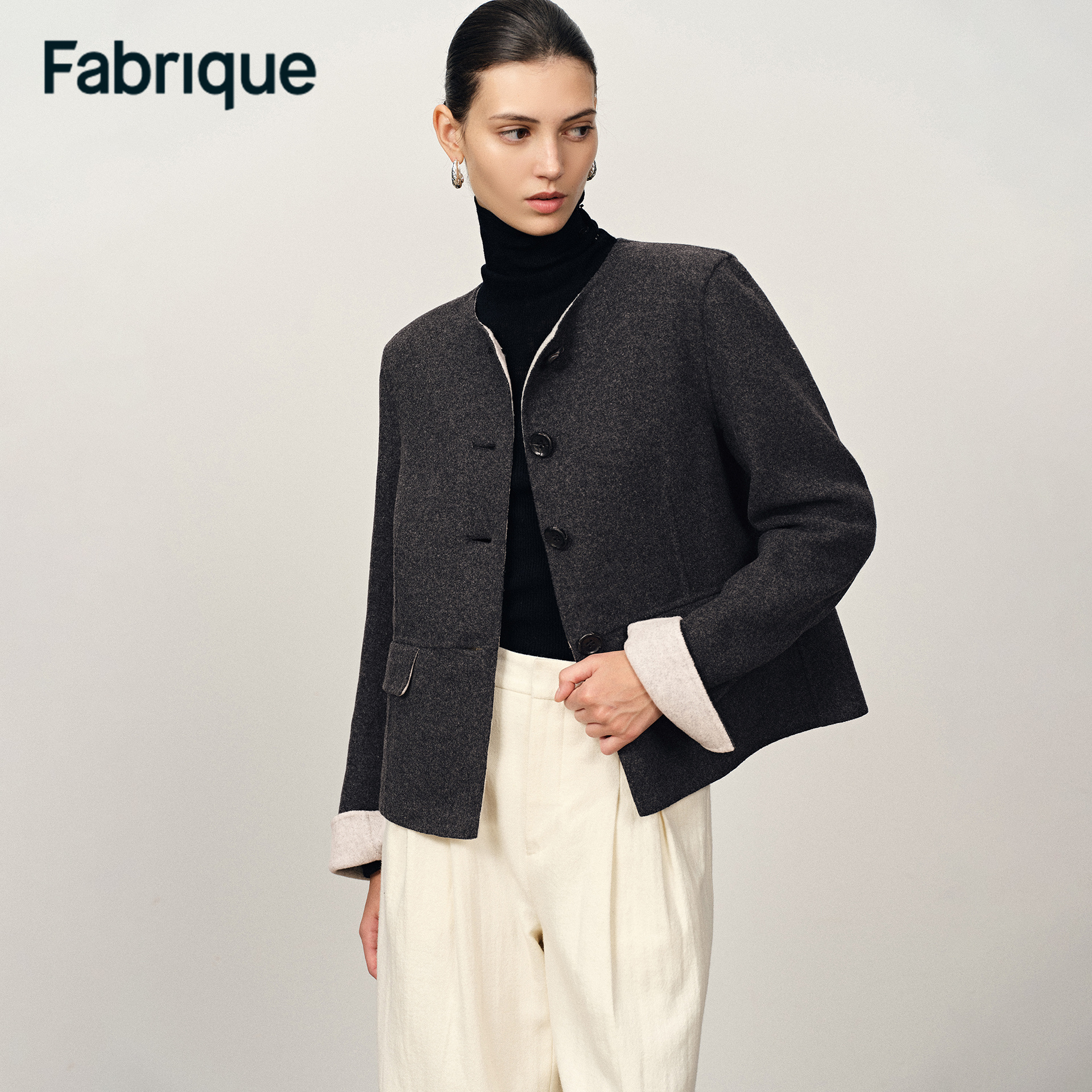 Fabrique Sola 深空灰双色双面呢绵羊毛桑蚕丝骆驼绒短款夹克外套