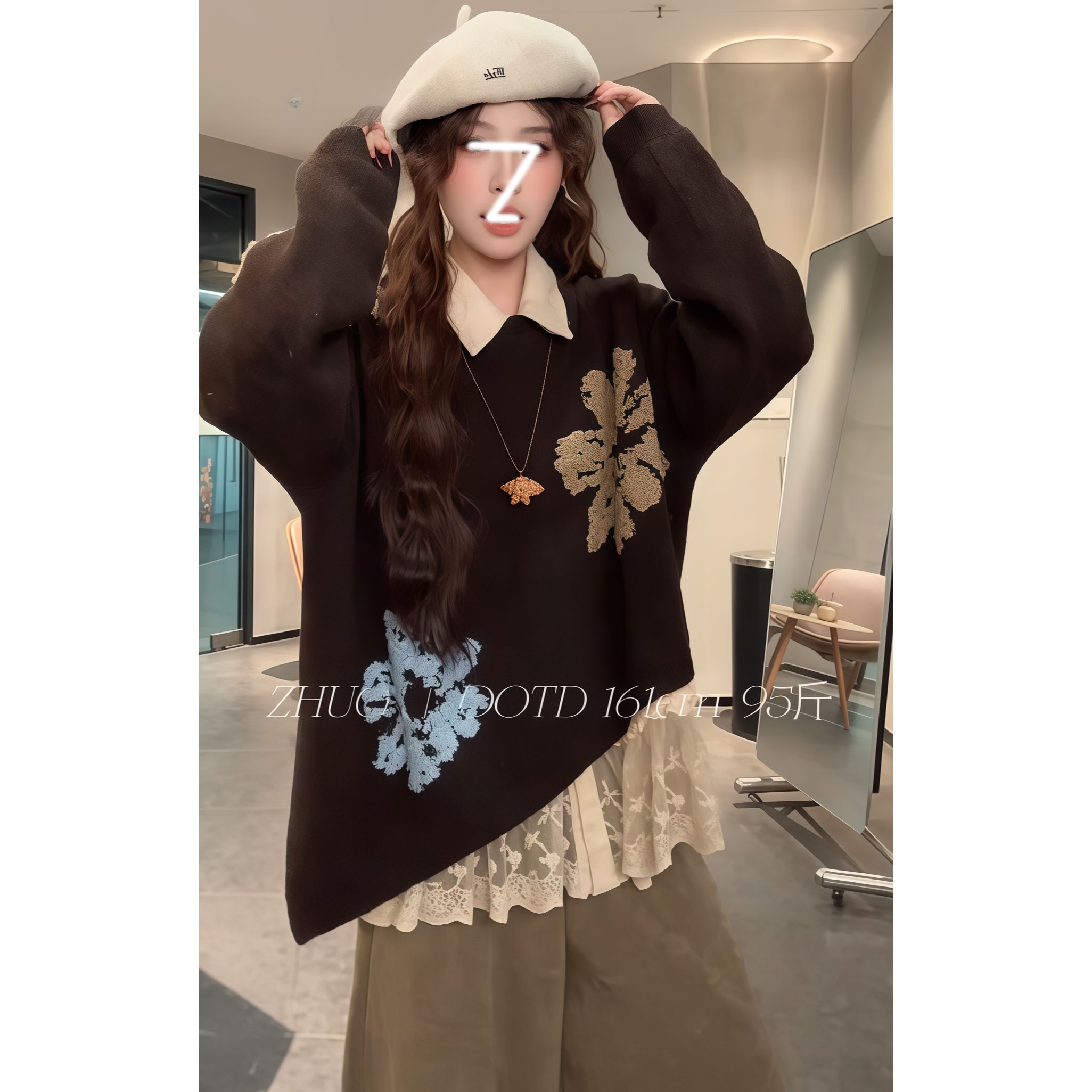 复古老钱风艺术感撞色刺绣不规则套头毛衣女秋冬宽松显瘦叠穿上衣