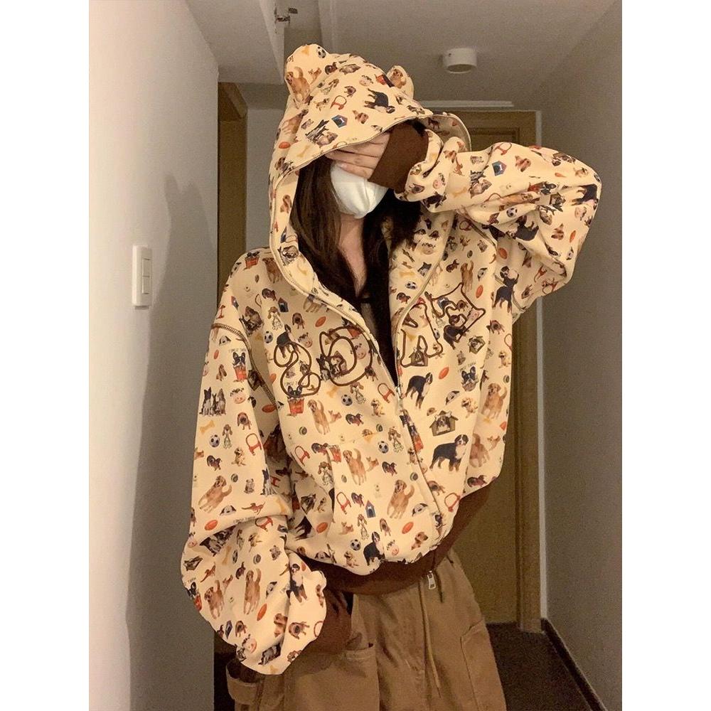 7519#实价复古狗狗耳朵卫衣女