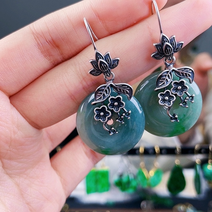 翡翠耳饰银S925镶嵌饰品