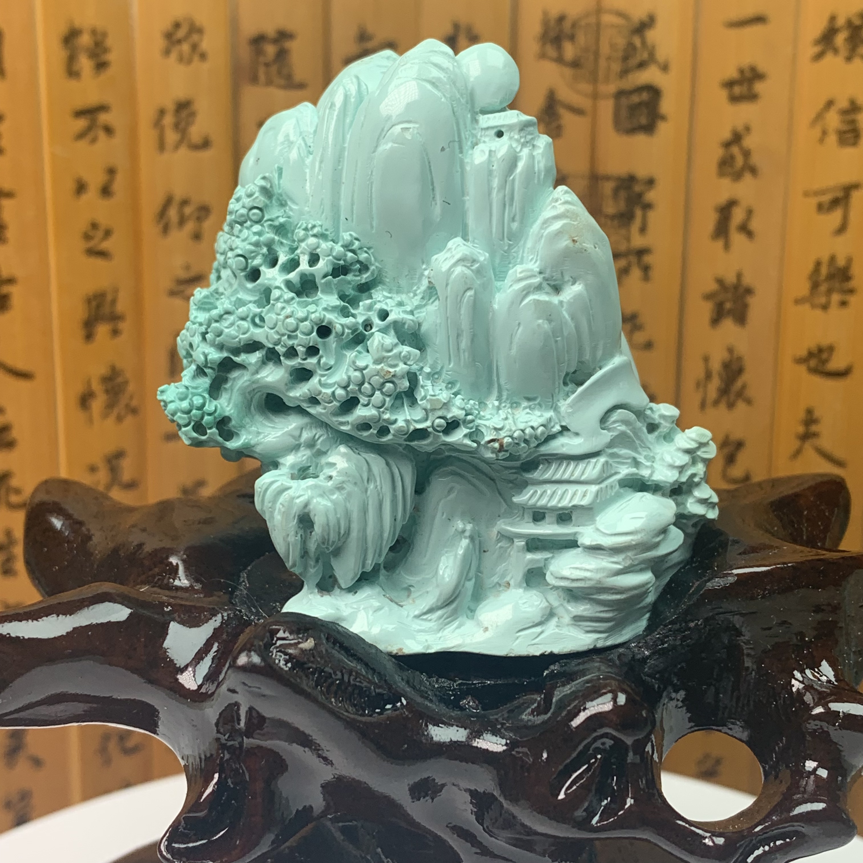  湖北天然原矿绿松石文房俏色精工巧雕山水意境小摆件手把件摆案