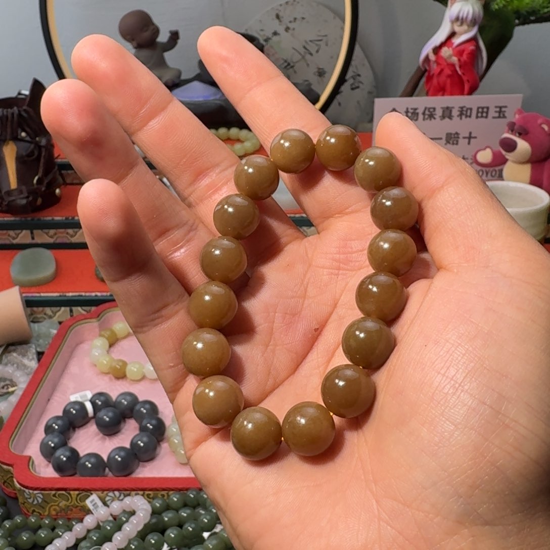 和田玉手串未镶嵌和田玉卡12金山红糖