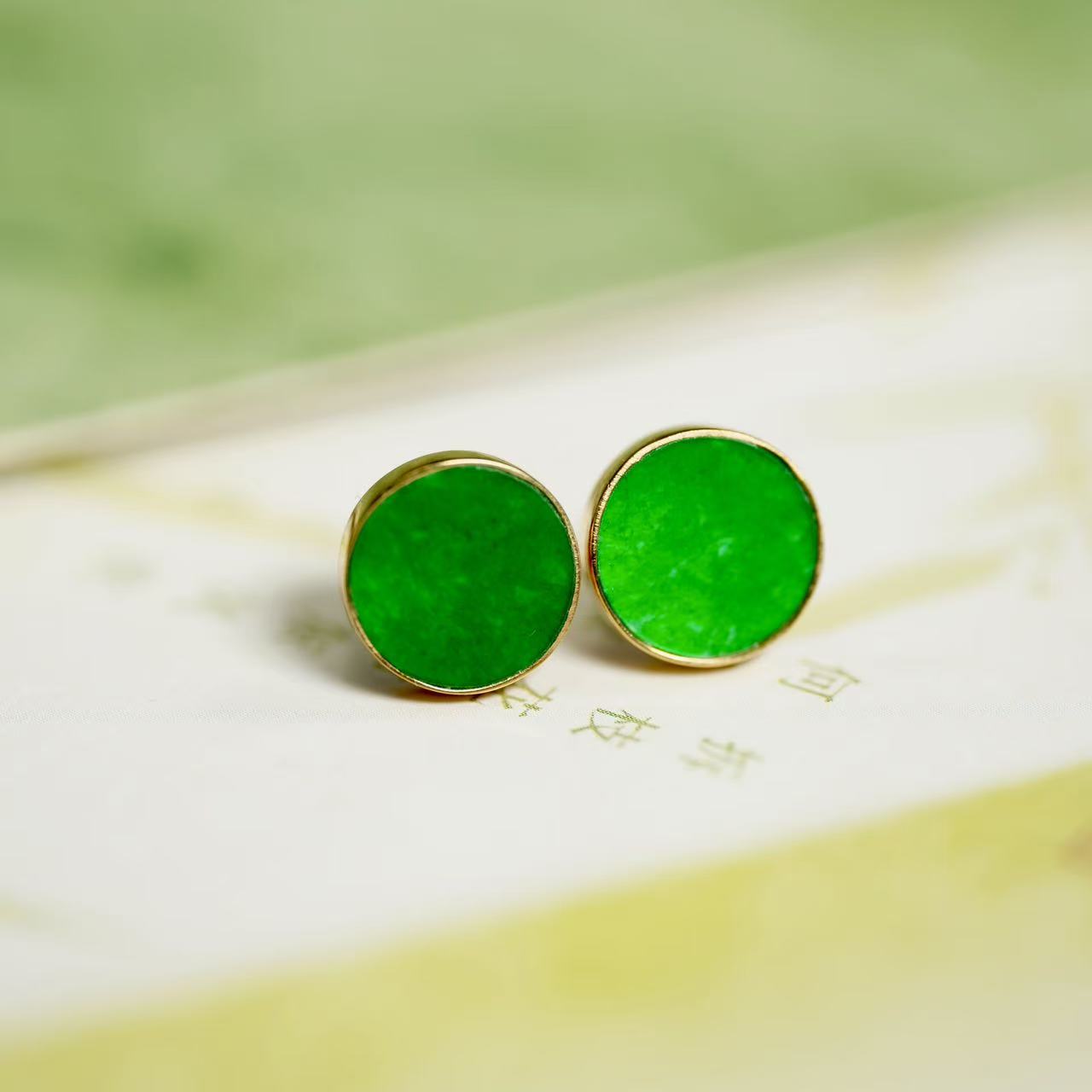 【百年一玉】18K金天然缅甸A货翡翠耳钉新中式-1395