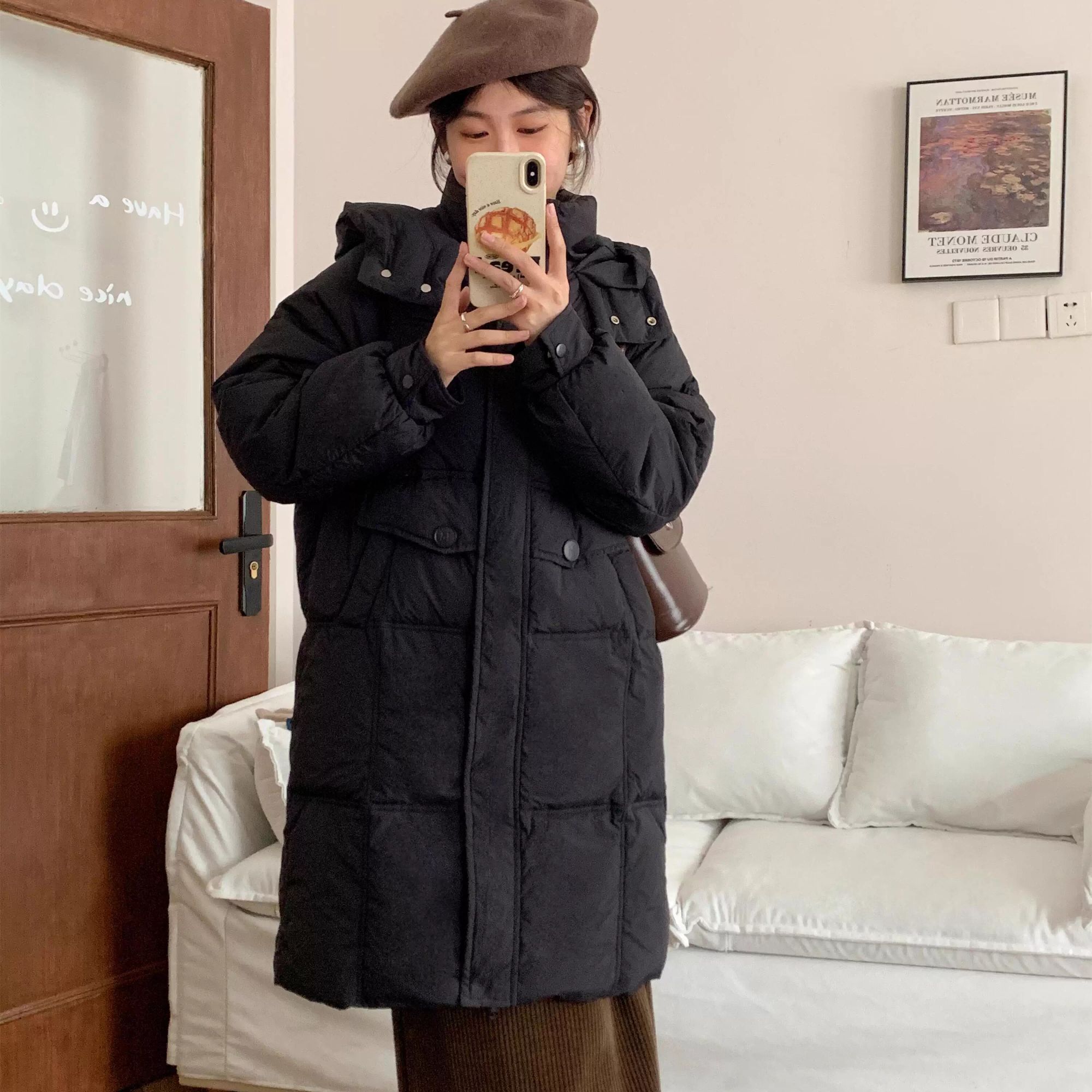 冬季新款M扣爆款中长款T1连帽百搭白鸭绒时尚休闲羽绒服外套