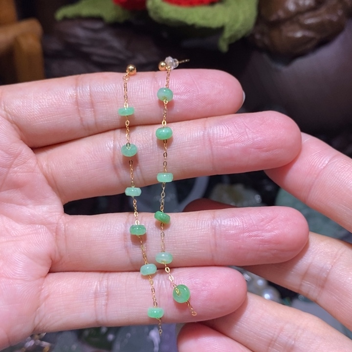 天然缅甸A货翡翠18K金镶嵌算盘珠耳坠380