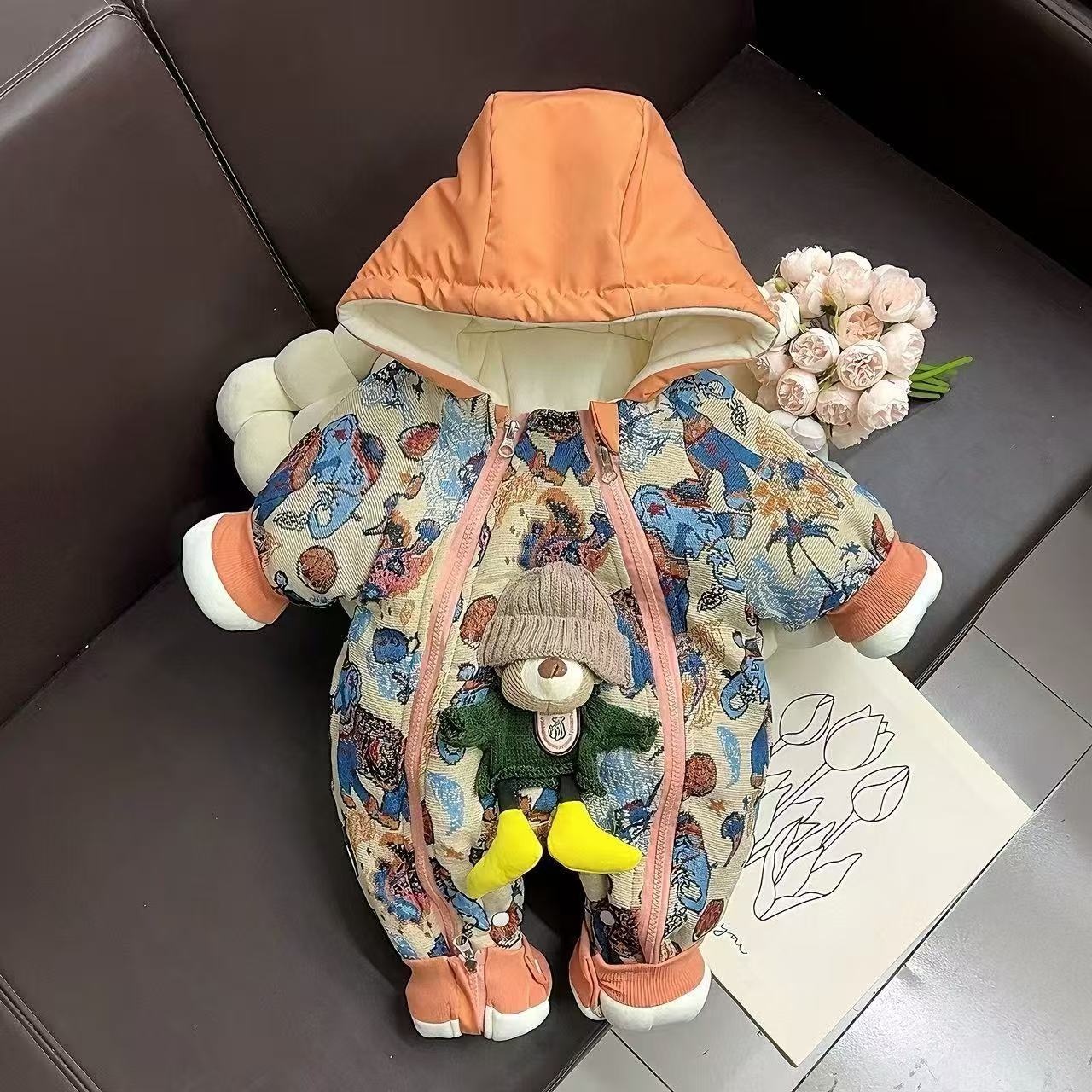 冬季新款0327帽子熊厚棉婴幼儿男女宝宝加厚加绒保暖连体哈衣