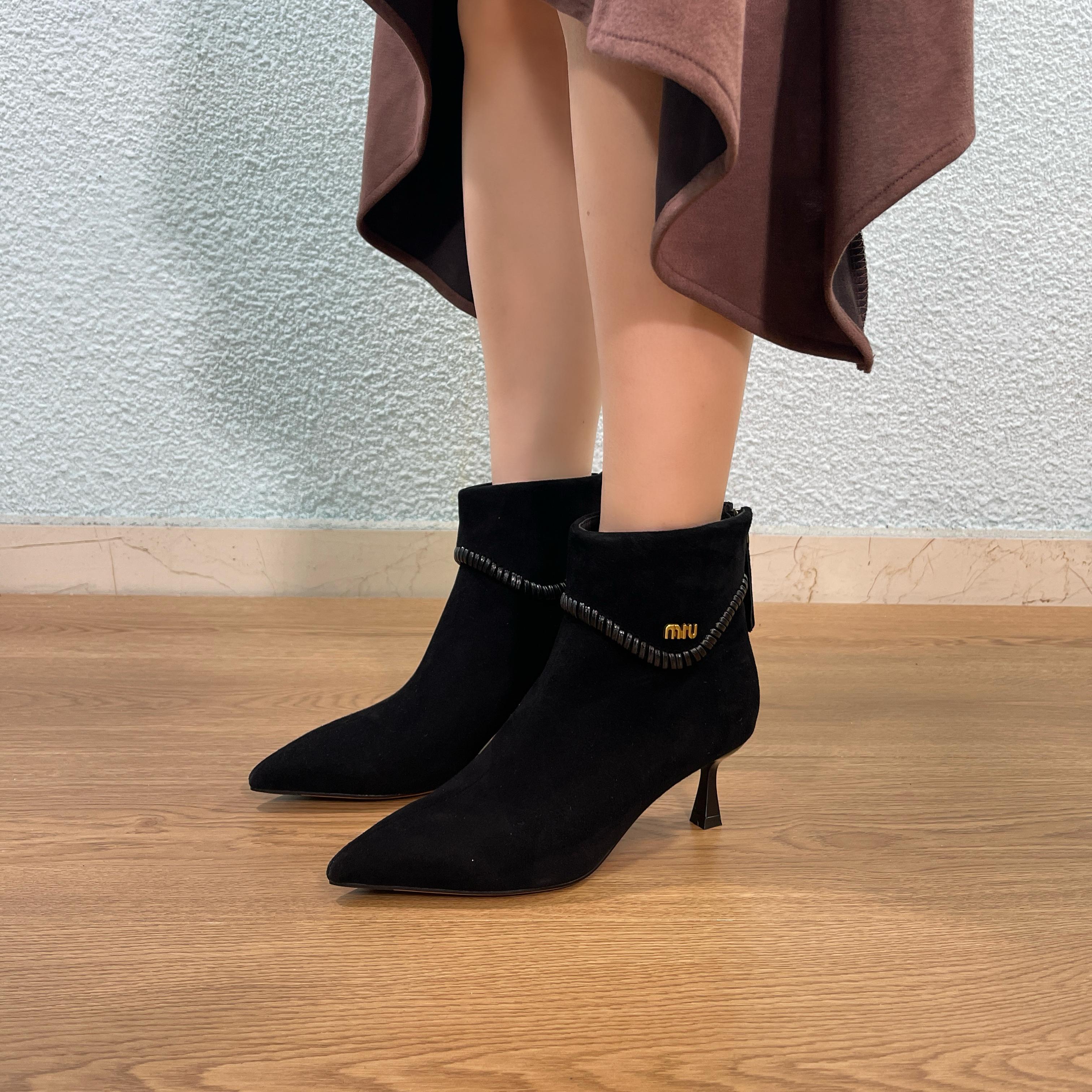 短筒靴女新款百搭细跟后拉链磨砂真皮短靴时尚气质通勤短筒靴女