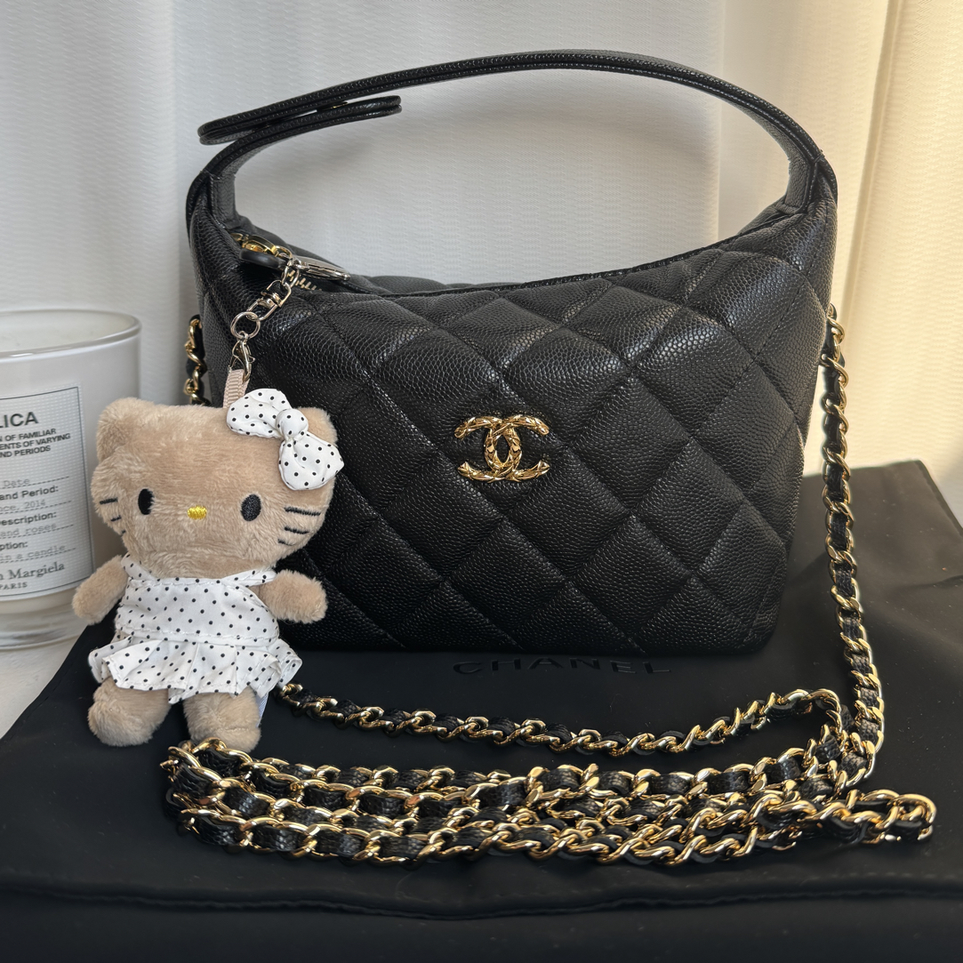 99新 Chanel/香奈儿 26C菠萝扣浮雕logo黑金饭盒手提单肩斜挎包