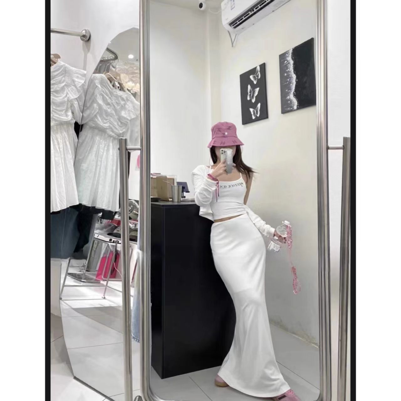 睿夕【三重世界~】韩版字母印花设计感吊带开衫+半身裙三件套