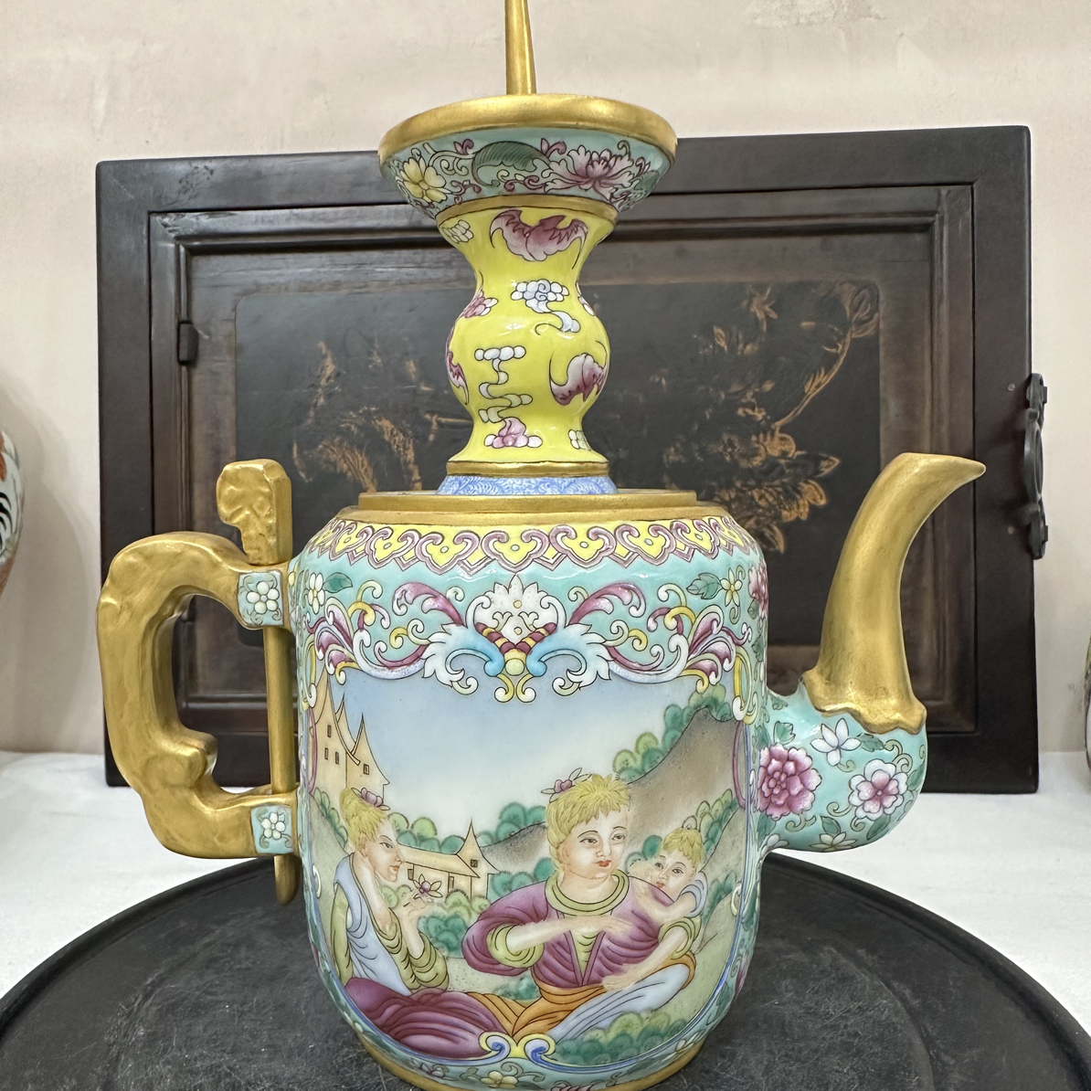 柴窑烧手工绘画珐琅彩西洋人物观赏壶陶瓷